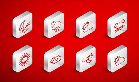 Set line Sun and cloud weather, Cloud with rain moon, stars, Moon icon,  an.. 库存插图