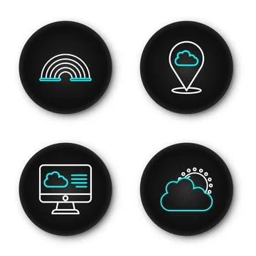 Set line Sun and cloud weather, Weather forecast, Location and Rainbow icon.. Illustrazione stock