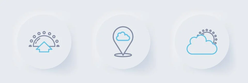 Set line Sun and cloud weather, Location and Sunrise icon. Vector Stock Illustration