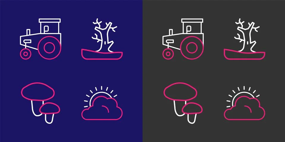 Set line Sun and cloud weather, Mushroom, Bare tree and Tractor icon. Vector Stock Illustration