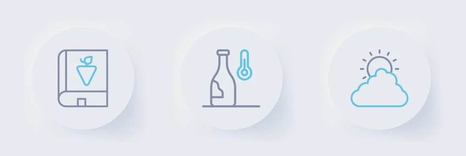Set line Sun and cloud weather, Wine temperature and Book about grapes icon.. Stock Illustration