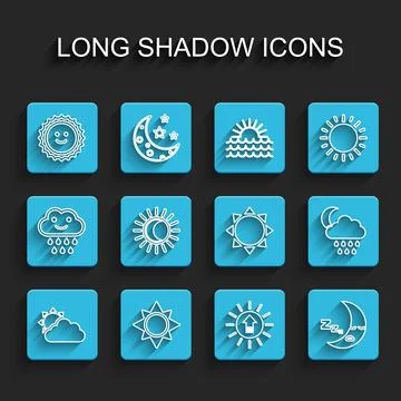 Set line Sun and cloud weather, Sunset, Moon icon, Eclipse of sun, Cloud wi.. Ilustração Stock