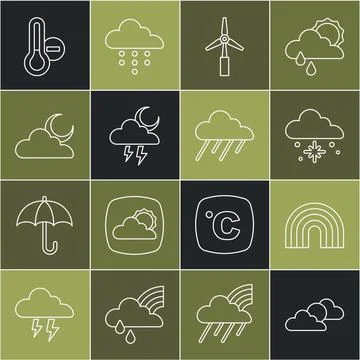 Set line Sun and cloud weather, Rainbow, Cloud with snow, Wind turbine, Sto.. Stock Illustration