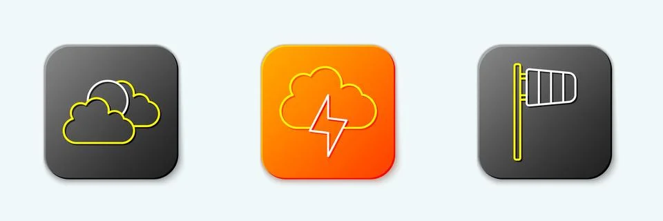 Set line Sun and cloud weather, Storm and Cone windsock wind vane icon. Vecto Stock Illustration