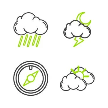 Set line Sun and cloud weather, Wind rose, Storm and Cloud with rain icon. .. Stock Illustration