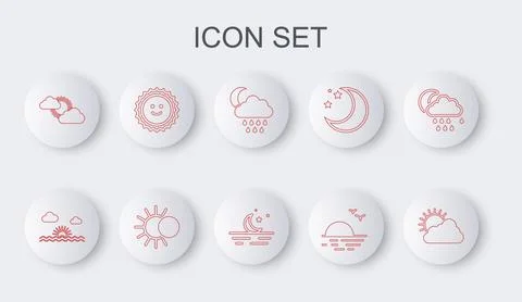 Set line Sun and cloud weather, Sunset, Cloud with rain moon, Eclipse of su.. Ilustração Stock