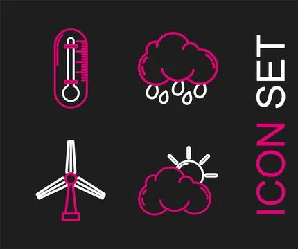 Set line Sun and cloud weather, Wind turbine, Cloud with rain and Thermomet.. Stock Illustration