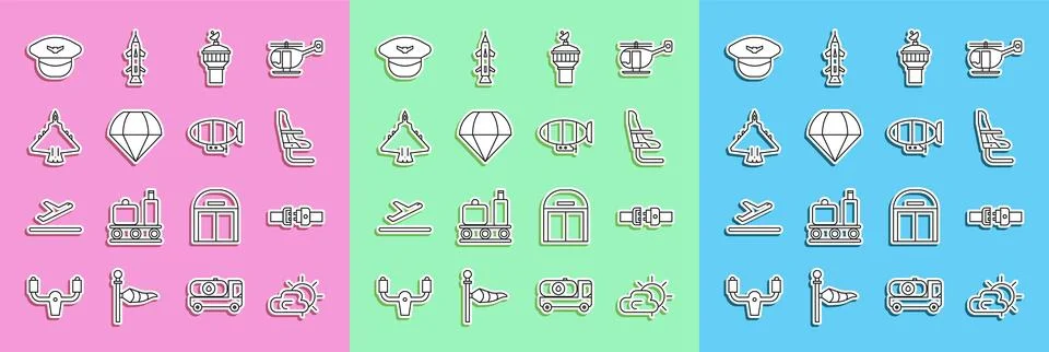 Set line Sun and cloud weather, Safety belt, Airplane seat, Radar, Parachut.. Stock Illustration