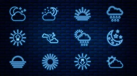 Set line Sun and cloud weather, Moon stars, Sunset, Cloud with moon, rain s.. Stock Illustration