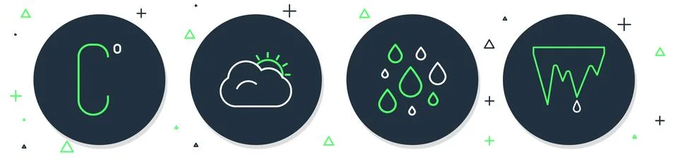 Set line Sun and cloud, Water drop, Celsius and Icicle icon. Vector Stockillustratie