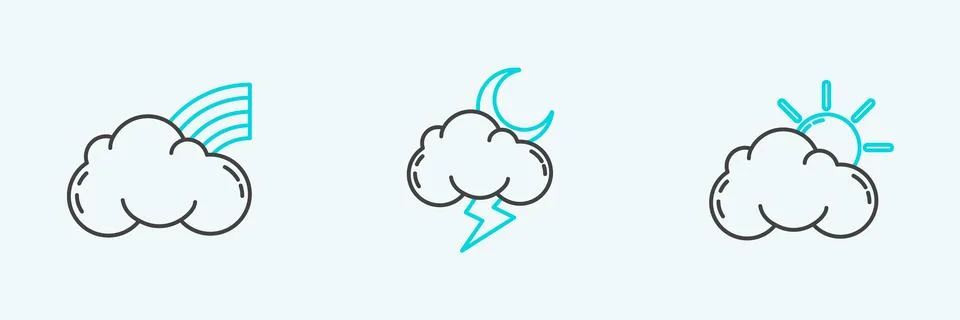 Set line Sun and cloud weather, Rainbow with clouds and Storm icon. Vector Stockillustratie