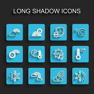 Set line Sun and snowflake, Rainbow with clouds, Thermometer cloud, moon Ilustração Stock