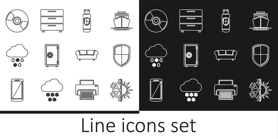 Set line Sun and snowflake, Shield, USB flash drive shield, Safe, Cloud wit.. Stock Illustration