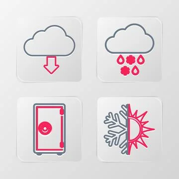Set line Sun and snowflake, Safe, Cloud with rain and download icon. Vector イラスト素材