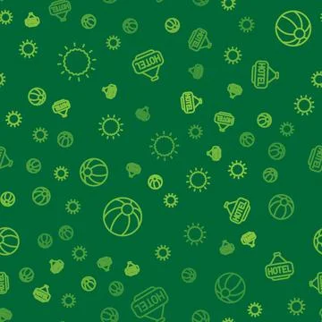 Set line Sun, Beach ball and Signboard with text Hotel on seamless pattern 스톡 일러스트