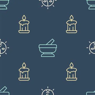 Set line Sun, Burning candle and Mortar pestle on seamless pattern. Vector イラスト素材