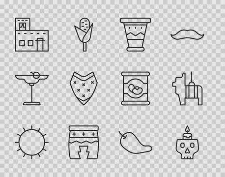 Set line Sun, Burning candle on a skull, Mexican drum, Huehuetl, house, Pon.. Ilustración de archivo