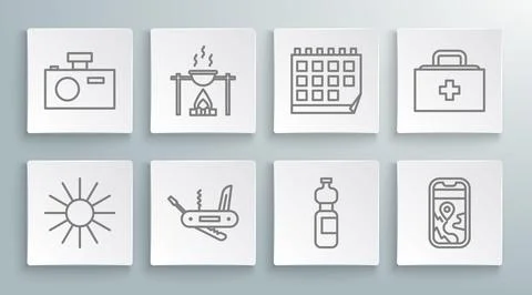 Set line Sun, Campfire and pot, Swiss army knife, Bottle of water, City map.. Stock Illustration