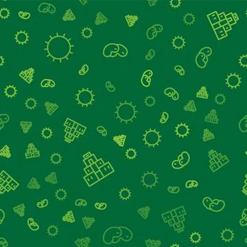 Set line Sun, Chichen Itza in Mayan and Beans on seamless pattern. Vector Illustrazione stock