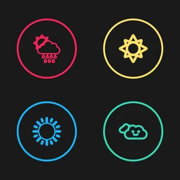 Set line Sun, Cloud, and with rain and sun icon. Vector Stock Illustration