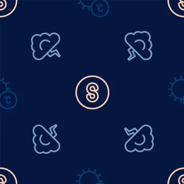 Set line Sun, Cloud and lightning and Compass south on seamless pattern. Vector 스톡 일러스트