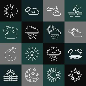 Set line Sun, Cloud, and cloud weather, with moon stars, rain, Eclipse of sun Ilustração Stock