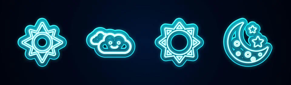 Set line Sun, Cloud,  and Moon and stars. Glowing neon icon. Vector Illustrazione stock