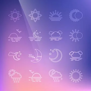 Set line Sun, Cloud, Eclipse of the sun, Sunset, Moon and stars, and icon Ilustração Stock