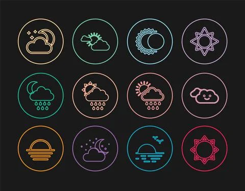 Set line Sun, Cloud, Eclipse of the sun, with rain and, moon, stars, and cloud Ilustração Stock