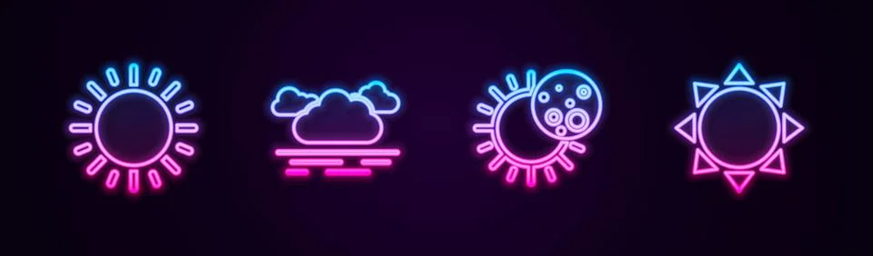 Set line Sun, Cloud, Eclipse of the sun and . Glowing neon icon. Vector イラスト素材
