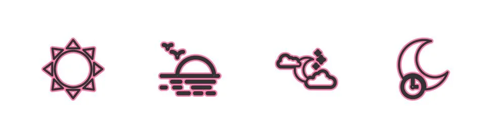 Set line Sun, Cloud with moon and stars, Sunset and Sleeping icon. Vector Illustrazione stock