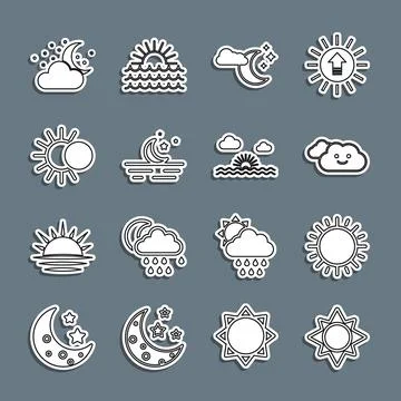 Set line Sun, Cloud, with moon and stars, Moon, Eclipse of the sun,  and Su.. Illustrazione stock