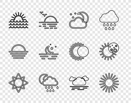 Set line Sun, Cloud with moon and stars, rain, Sunset, Moon,  and Eclipse o.. Ilustração Stock