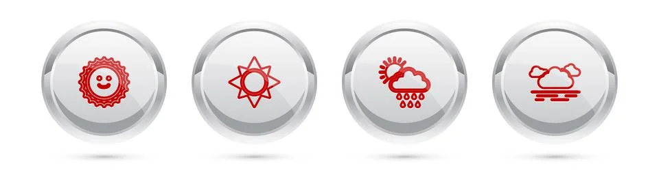 Set line Sun, , Cloud with rain and sun and . Silver circle button. Vector Illustrazione stock