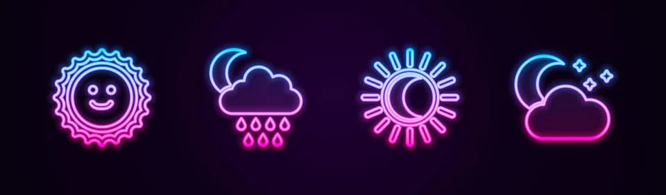 Set line Sun, Cloud with rain and moon, Eclipse of the sun and stars. Glowing Illustrazione stock