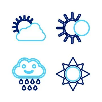 Set line Sun, Cloud with rain, Eclipse of the sun and and cloud weather icon Stock Illustration
