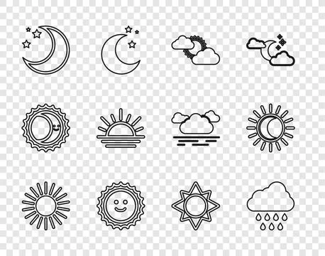 Set line Sun, Cloud with rain, and cloud weather, Moon stars, Sunset, and Illustrazione stock