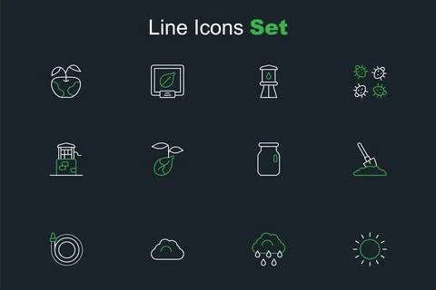 Set line Sun, Cloud with rain, Cloudy weather, Garden hose, Shovel ground, .. Ilustração Stock