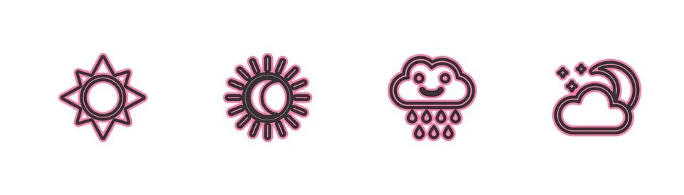 Set line Sun, Cloud with rain, Eclipse of the sun and moon and stars icon. Ve 스톡 일러스트