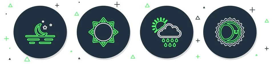 Set line Sun, Cloud with rain and sun, Moon stars and Eclipse of the icon. .. 스톡 일러스트
