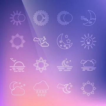 Set line Sun, Cloud, Sunset, Eclipse of the sun, with moon and stars, and Moon Ilustração Stock