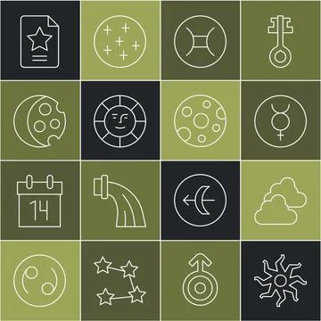Set line Sun, Cloudy weather, Symbol Mercury, Gemini zodiac, Eclipse of sun.. Illustrazione stock