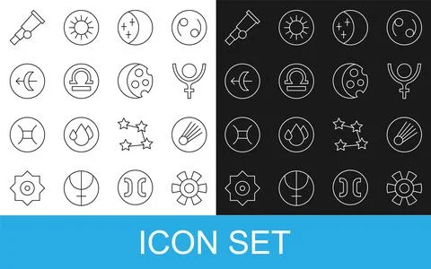 Set line Sun, Comet, Symbol Pluto, Eclipse of the sun, Libra zodiac, Sagittarius Illustrazione stock