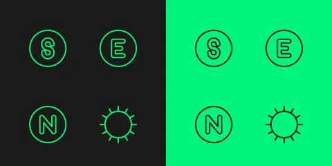 Set line Sun, Compass north, south and west icon. Vector Stock Illustration