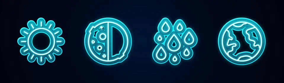 Set line Sun, Eclipse of the sun, Water drop and Earth globe. Glowing neon icon Stock Illustration