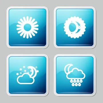 Set line Sun, Eclipse of the sun, Cloud with moon and stars and rain icon Ilustração Stock