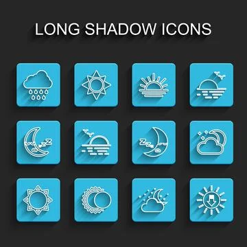 Set line Sun, Eclipse of the sun, Cloud with rain, moon and stars, Sunset, and Ilustração Stock