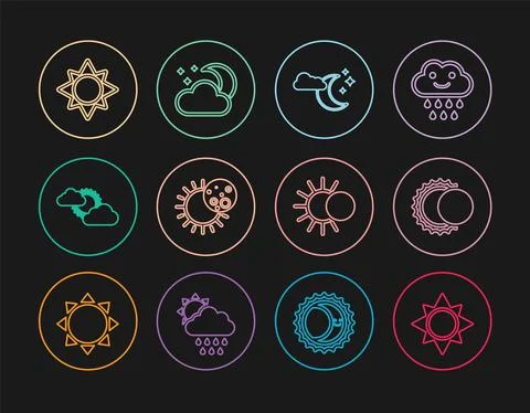 Set line Sun, Eclipse of the sun, Cloud with moon and stars, cloud weather, and Ilustração Stock
