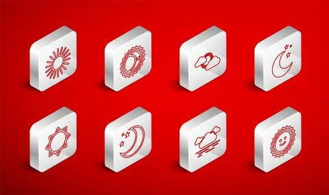 Set line Sun, Eclipse of the sun, and cloud weather, Moon stars, Cloud, and icon Ilustração Stock