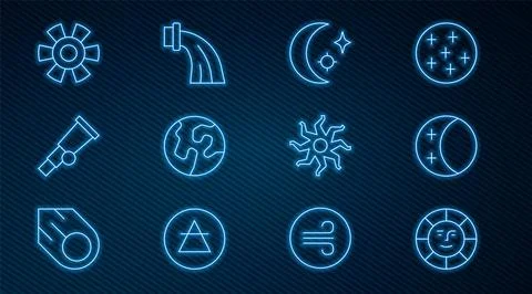 Set line Sun, Eclipse of the sun, Moon and stars, Earth globe, Telescope,  an Ilustração Stock